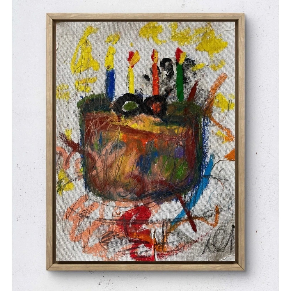 O 11x14 Birthday Cake Painting Modern Expressionist Original Art Oman Hosea
